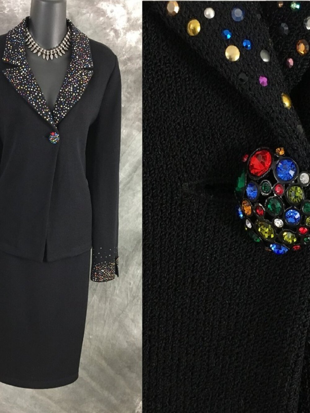 BEAUTIFUL st john evening knit black rhinestones embellished skirt suit 10 12